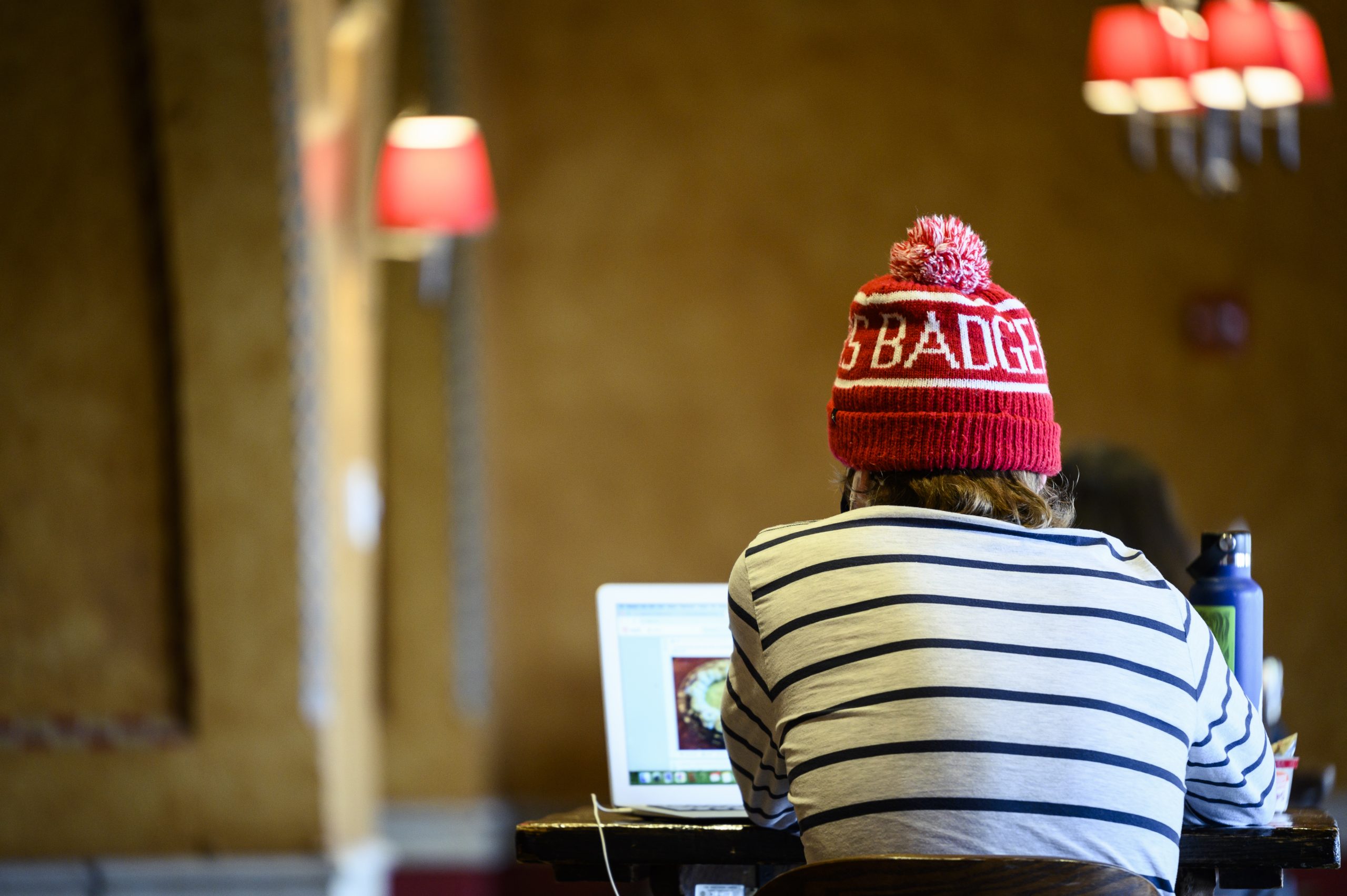 Student studying in the Rathskellar on campus.