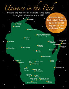Locations of Universe in the Park on a map of Wisconsin, including but not limited to Big Bay, Lake Kegonsa, Kettle Moraine, and New Glarus Woods.