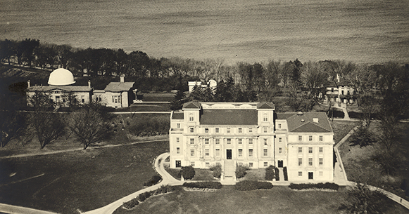 Historical aerial view photo of Washburn Observatory on campus.