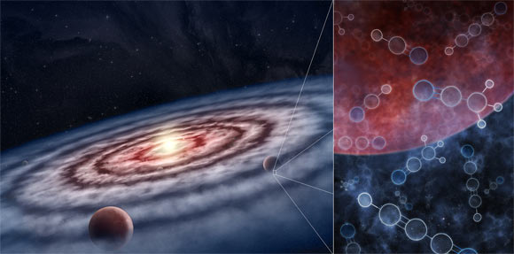 In this artist’s conception, planets form from the gas and dust in the protoplanetary disk surrounding a young star.