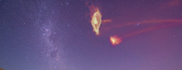 A view of the gas in the Magellanic System as it would appear in the night sky. This image, taken directly from the numerical simulations, has been modified slightly for aesthetics.